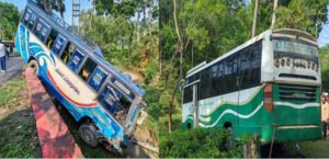 মালনিছড়ায় মুখোমুখী সংঘর্ষ এড়াতে পর্যটকবাহী ২ বাস খাদে, আহত ১০